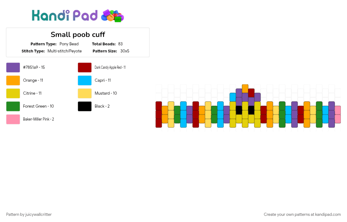 Small poob cuff - Pony Bead Pattern by juicywallcritter on Kandi Pad - colorful, cuffs, light blue, orange, party noob, poob, purple, regretevator