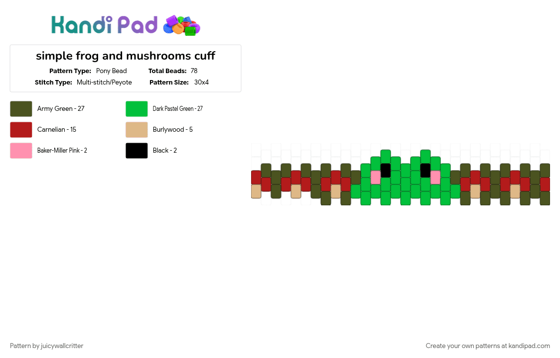simple frog and mushrooms cuff - Pony Bead Pattern by juicywallcritter on Kandi Pad - animal, cute, frog, froggy, green, mushroom, red, tan