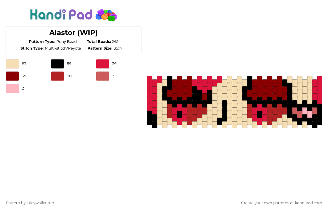 Alastor (WIP) - Pony Bead Pattern by juicywallcritter on Kandi Pad - red,beige,alastor,hazbin hotel,hazbin