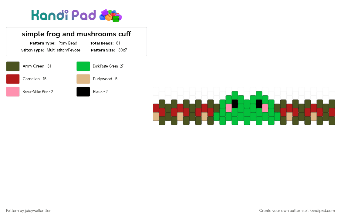 simple frog and mushrooms cuff - Pony Bead Pattern by juicywallcritter on Kandi Pad - animal, cute, frog, froggy, green, mushroom, red, tan