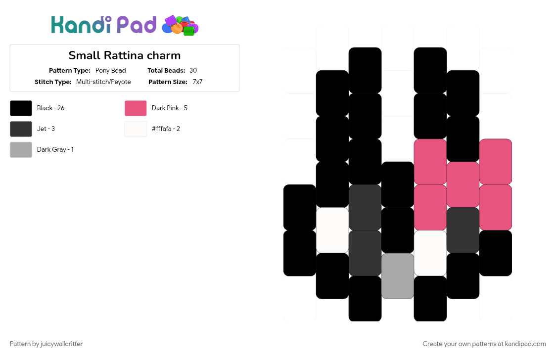 Small Rattina charm - Pony Bead Pattern by juicywallcritter on Kandi Pad - animal, animal hospital, animal hospital anomoly, animal hospital ratthew, black, charm, pink, rattina