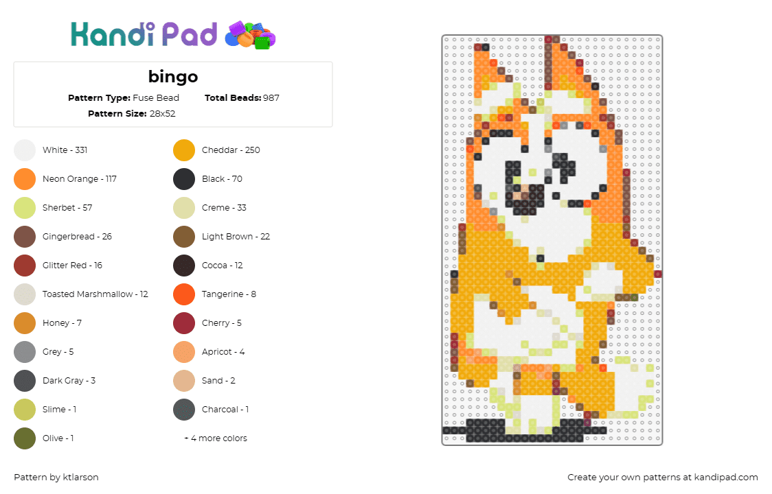 bingo - Fuse Bead Pattern by ktlarson on Kandi Pad - bingo,bluey,character,animated,playful,children's tv,cheerful,orange