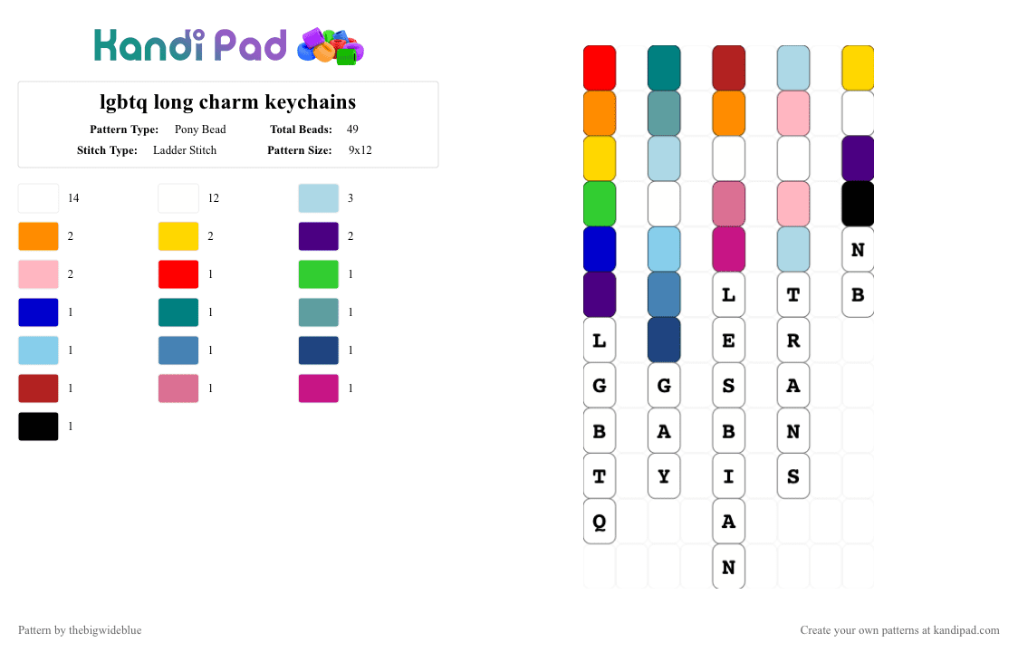 lgbtq individual long charm keychains - Pony Bead Pattern by thebigwideblue on Kandi Pad - white,purple,light blue,pink,lgbtq,gay,lesbian,nonbinary,trans,chain,charm,pride