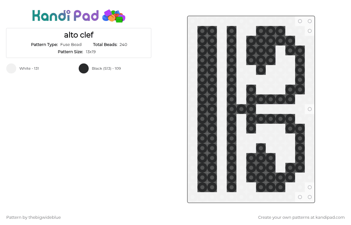 alto clef - Fuse Bead Pattern by abcdefg on Kandi Pad - alto, alto clef, black, clef, fuse beads, music, viola, white