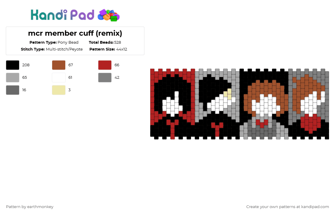 mcr member cuff (remix) - Pony Bead Pattern by r1leyr10t on Kandi Pad - red,beige,mcr,emo