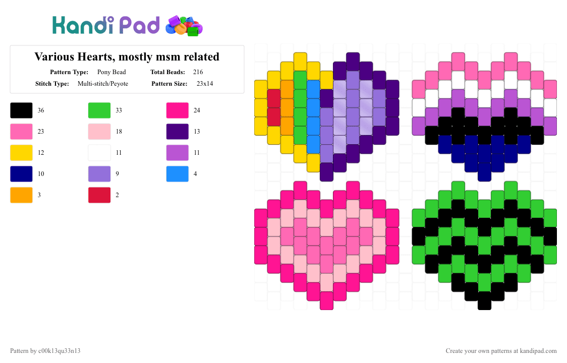Various Hearts, mostly msm related - Pony Bead Pattern by jee-to-ode-msm on Kandi Pad - purple,green,pink,msm,pride,genderfluid,heart