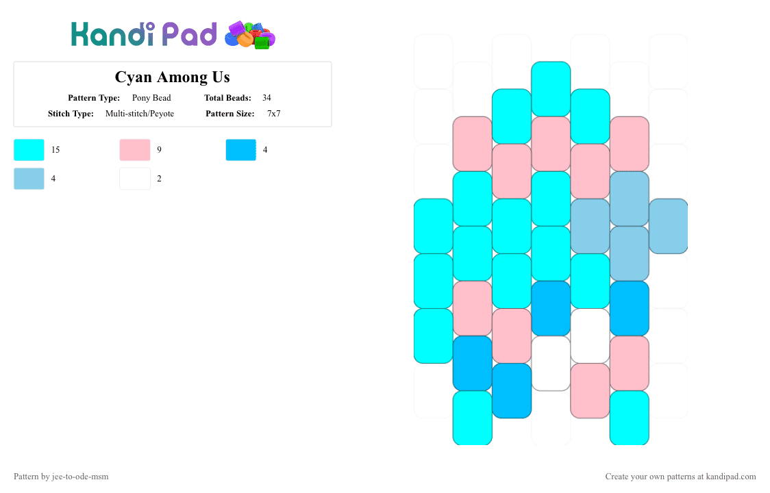 Cyan Among Us - Pony Bead Pattern by jee-to-ode-msm on Kandi Pad - light blue,pink,amongus,cyan,charm,peyote