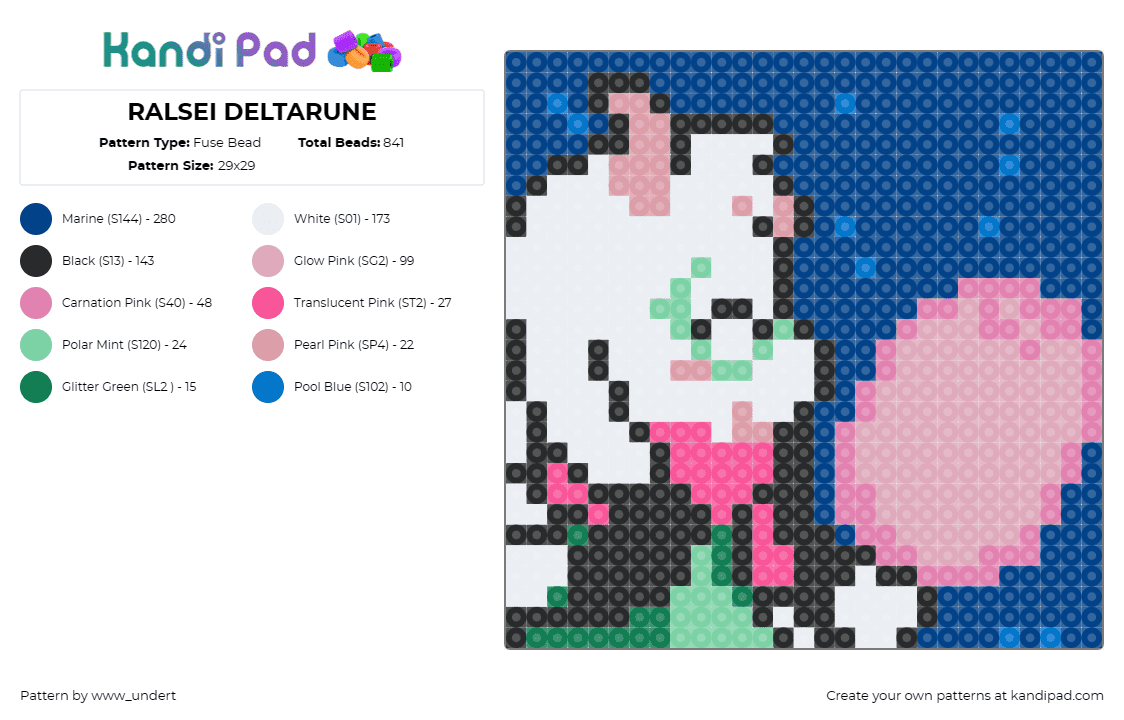 RALSEI DELTARUNE - Fuse Bead Pattern by www_undert on Kandi Pad - ralsei,deltarune,video game,character,prince,gentle,fantasy,blue,pink