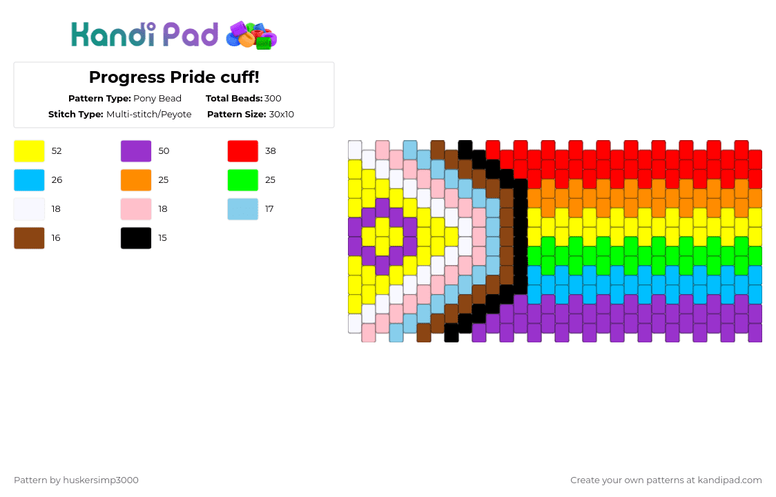 Progress Pride cuff! - Pony Bead Pattern by huskersimp3000 on Kandi Pad - red,yellow,purple,light blue,lgbt,pride,cuffs,progress pride,gay