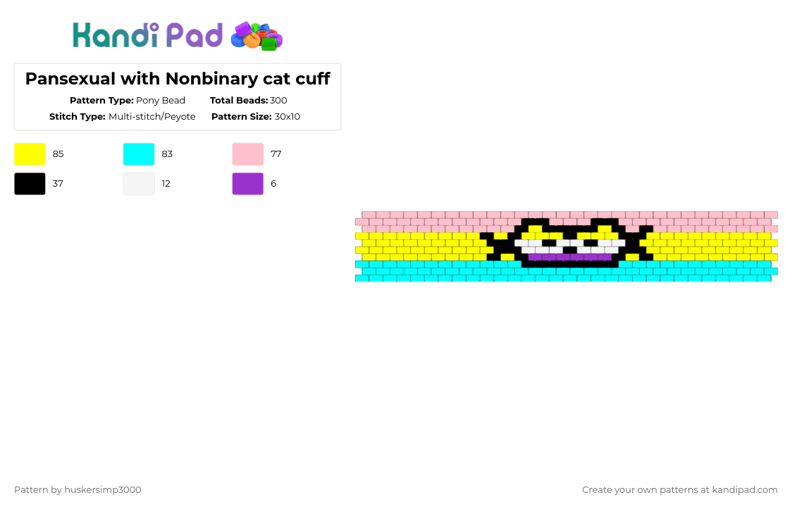 Pansexual with Nonbinary cat cuff - Pony Bead Pattern by huskersimp3000 on Kandi Pad - yellow,light blue,pink,lgbt,pansexual,nonbinary,pride,kandi cuff