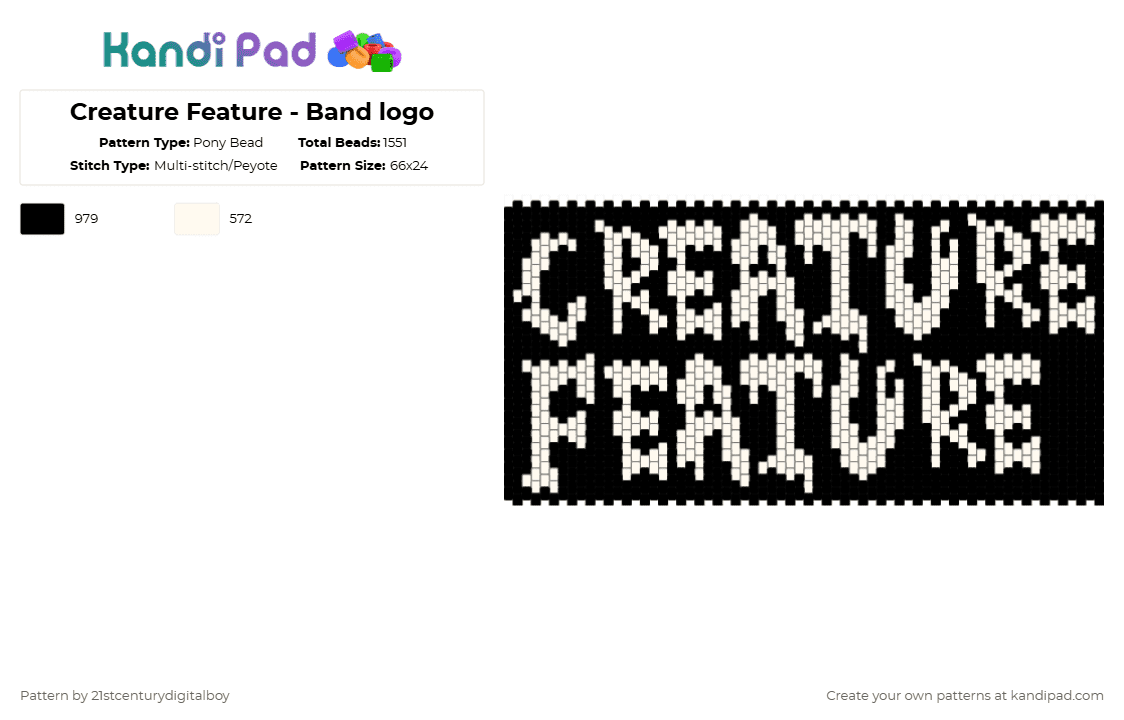 Creature Feature - Band logo Panel - Pony Bead Pattern by 21stcenturydigitalboy on Kandi Pad - black,white,creature feature,band,logo,music,album art,band logo,halloween,panel