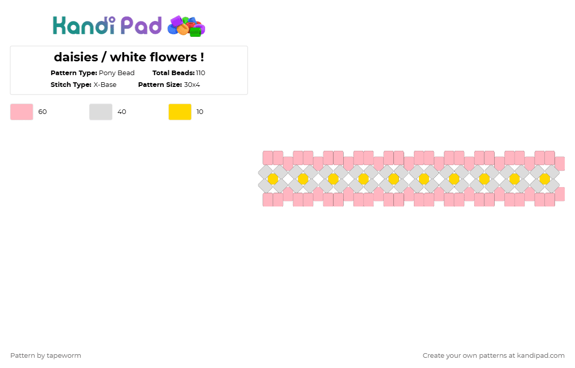 daisies / white flowers ! - Pony Bead Pattern by tapeworm on Kandi Pad - 110, flower, pink, summer, white, yellow