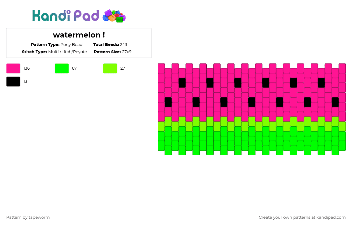 watermelon ! - Pony Bead Pattern by tapeworm on Kandi Pad - pink,green,summer,food,watermelon,melon,lime,black