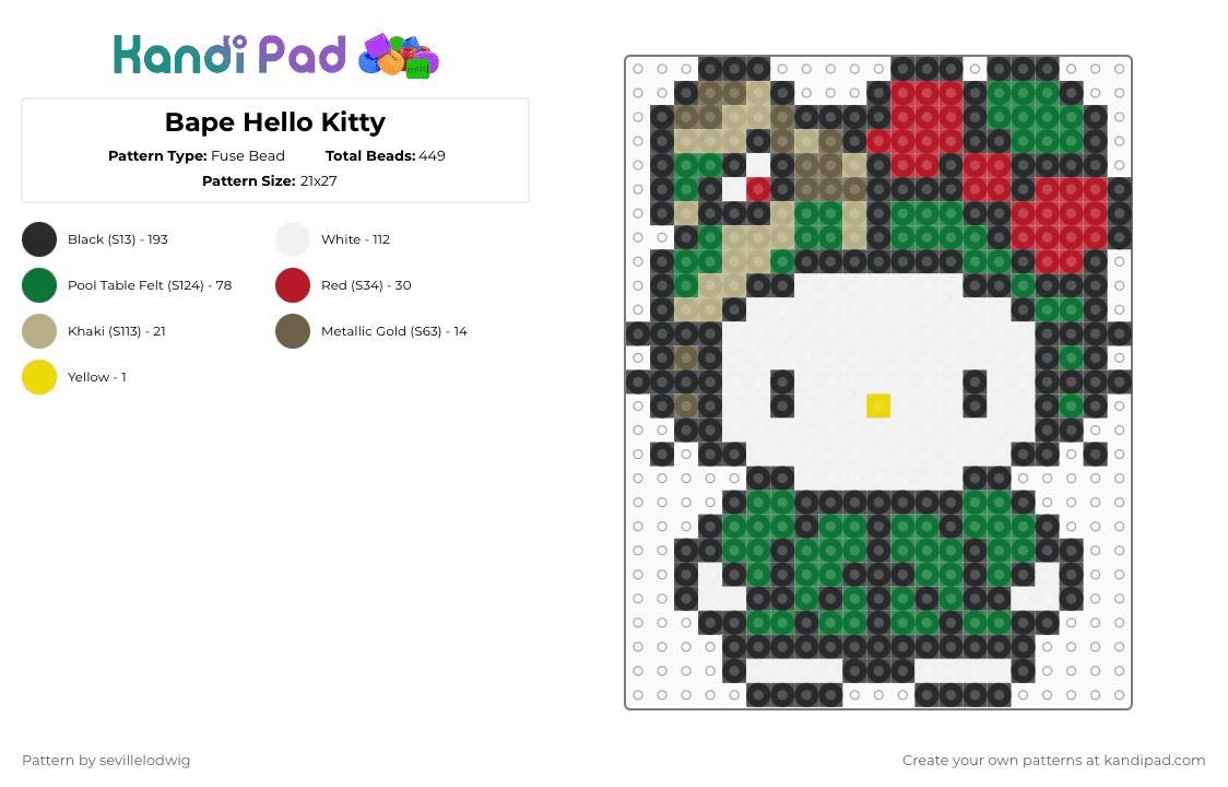 Bape Hello Kitty - Fuse Bead Pattern by sevillelodwig on Kandi Pad - white,green,red