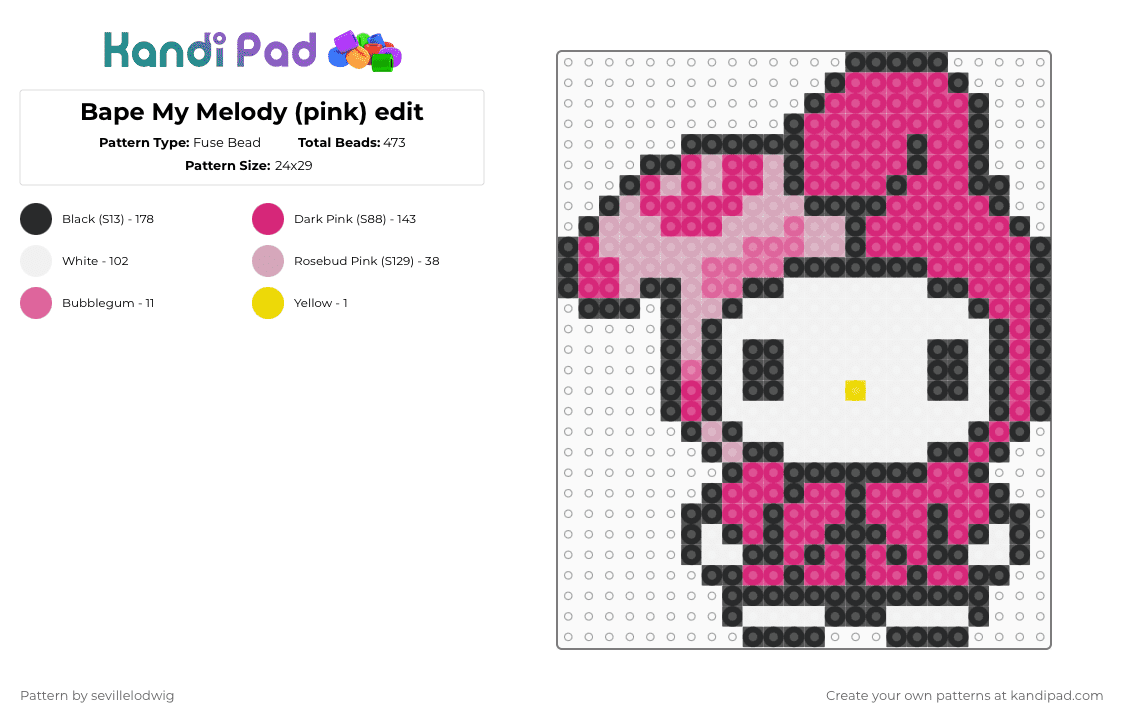 Bape My Melody (pink) edit - Fuse Bead Pattern by sevillelodwig on Kandi Pad - pink