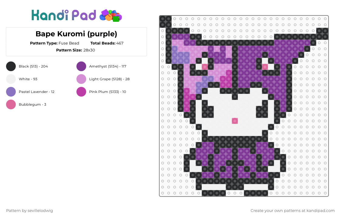 Bape Kuromi (purple) - Fuse Bead Pattern by sevillelodwig on Kandi Pad - pink