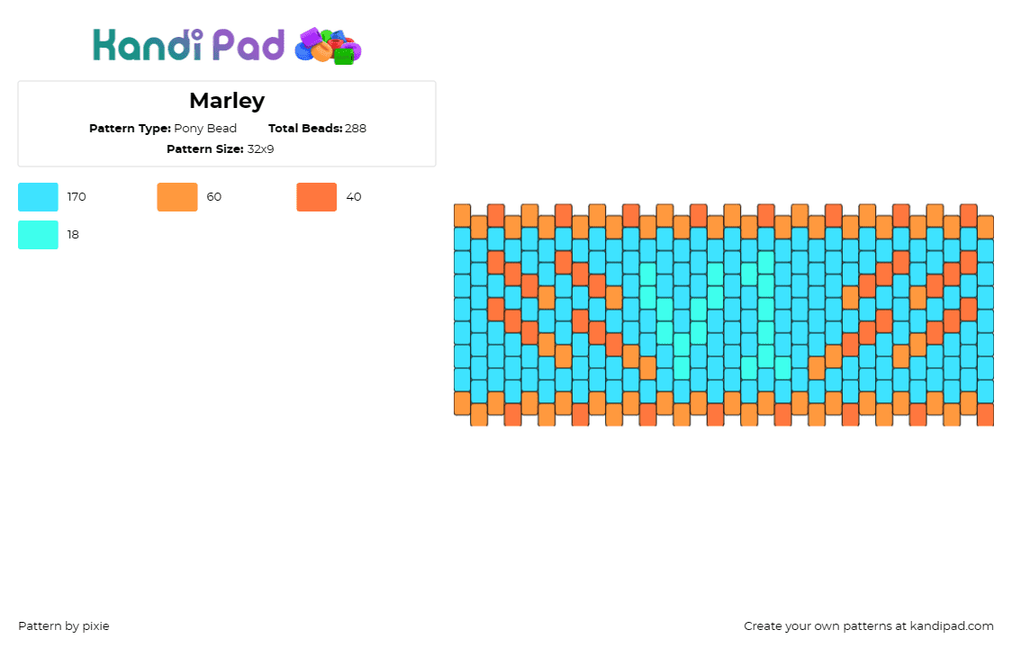 Marley - Pony Bead Pattern by pixie on Kandi Pad - cuff,zigzag,chevron,interwoven,contrast,summer,beach,cool,warm,light blue,orange