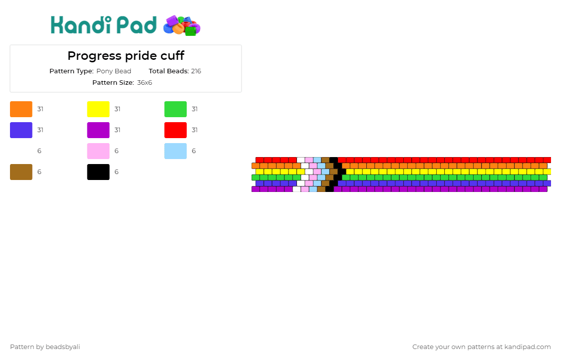 Progress pride cuff - Pony Bead Pattern by beadsbyali on Kandi Pad - pride,cuff,bracelet,diversity,lgbtq,symbol,progress,unity,vibrant,inclusive,rainbow