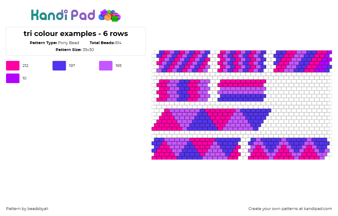 tri colour examples - 6 rows - Pony Bead Pattern by beadsbyali on Kandi Pad - geometric,bracelets,tri-color,stylish,modern,pattern,abstract,purple