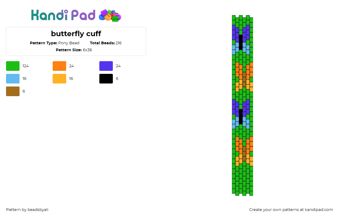 butterfly cuff - Pony Bead Pattern by beadsbyali on Kandi Pad - butterflies,cuff,flutter,vibrant,wings,nature-inspired,green