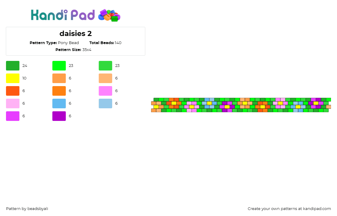 daisies 2 - Pony Bead Pattern by beadsbyali on Kandi Pad - daisies,flowers,cuff,bracelet,vibrant,multicolored,floral designs,bouquet,cheerf