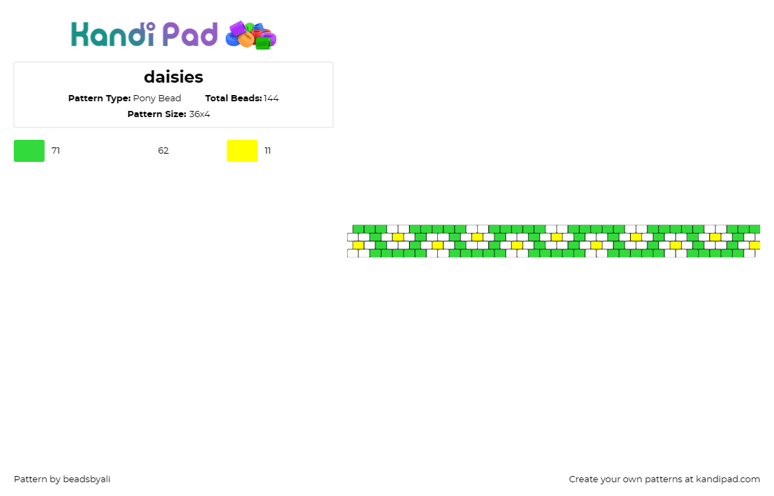 daisies - Pony Bead Pattern by beadsbyali on Kandi Pad - flowers,daisies,cuff,bracelet,classic,refreshing,white,sunny day,wearable,green