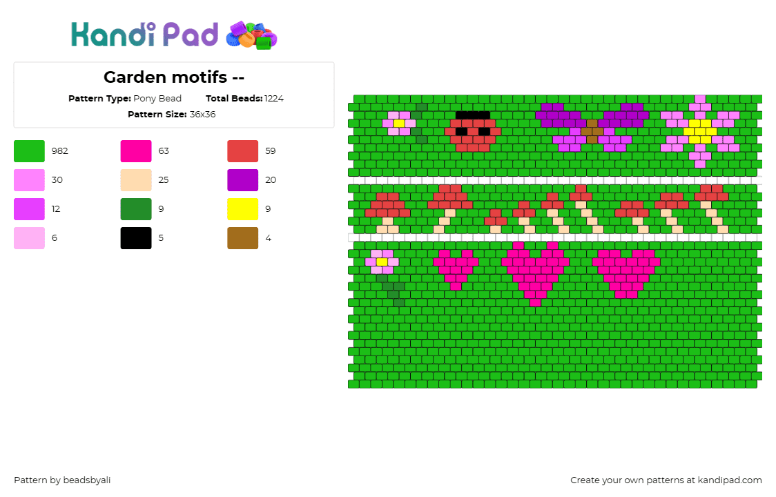 Garden motifs -- - Pony Bead Pattern by beadsbyali on Kandi Pad - garden,mushrooms,flowers,ladybug,butterfly,serenity,lush,nature,hearts,green