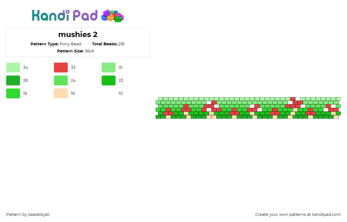 mushies 2 - Pony Bead Pattern by beadsbyali on Kandi Pad - mushrooms,cuff,cluster,varying sizes,earthy,forest floor,nature,serenity,green,r
