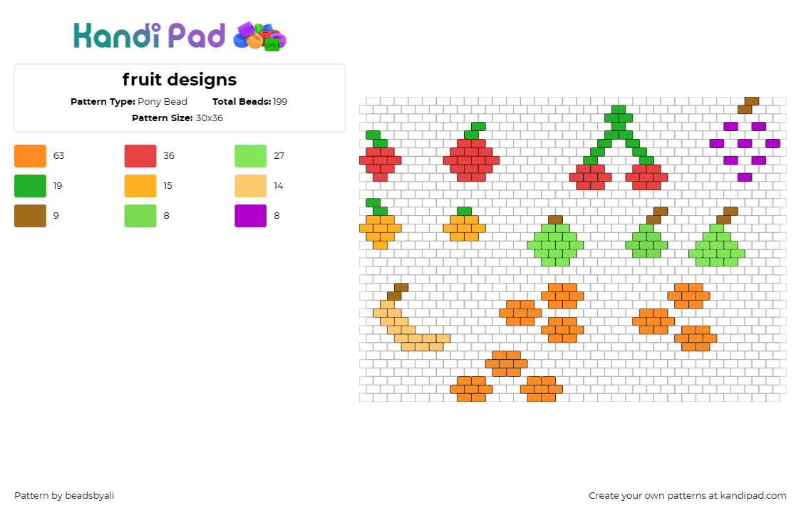 fruit designs - Pony Bead Pattern by beadsbyali on Kandi Pad - fruit,food,apple,cherry,grapes,banana,orange,pear,lemon,assortment,cornucopia,co