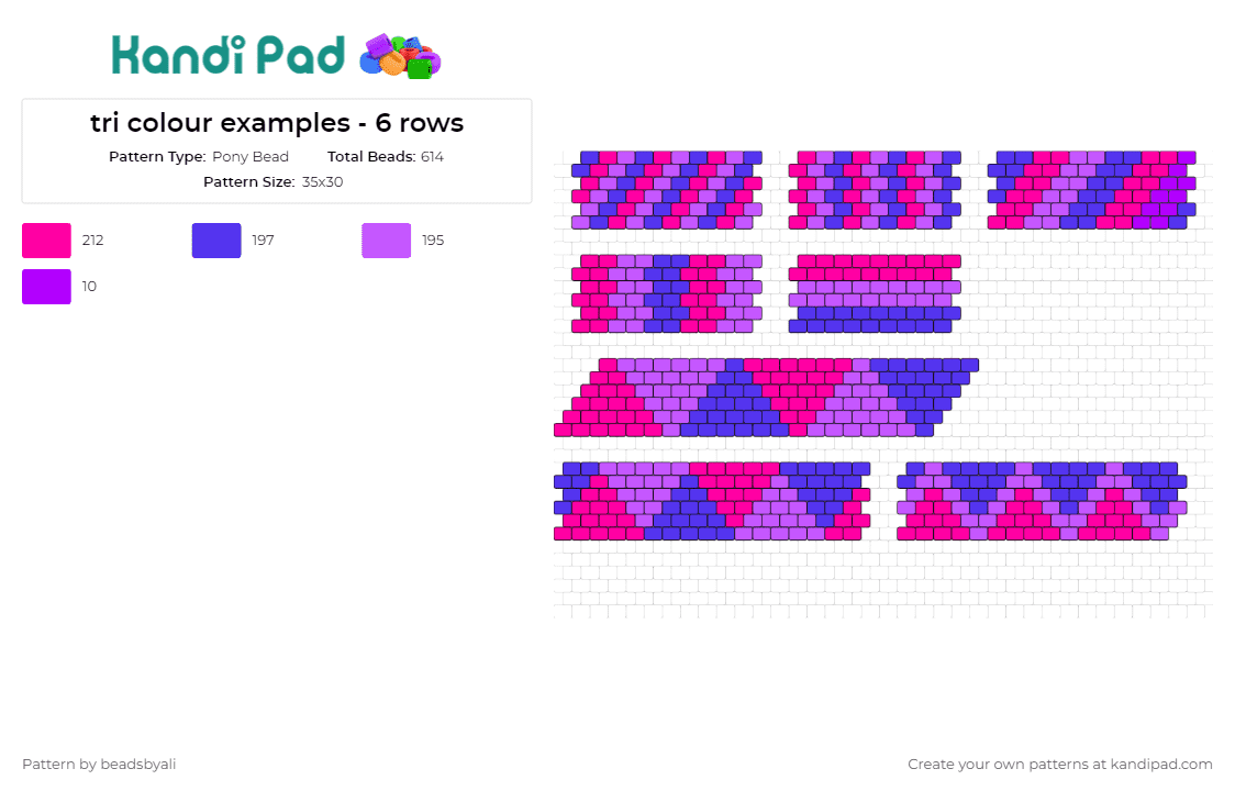 tri colour examples - 6 rows - Pony Bead Pattern by beadsbyali on Kandi Pad - geometric,bracelets,tri-color,stylish,accessory,modern,pattern,abstract,purple