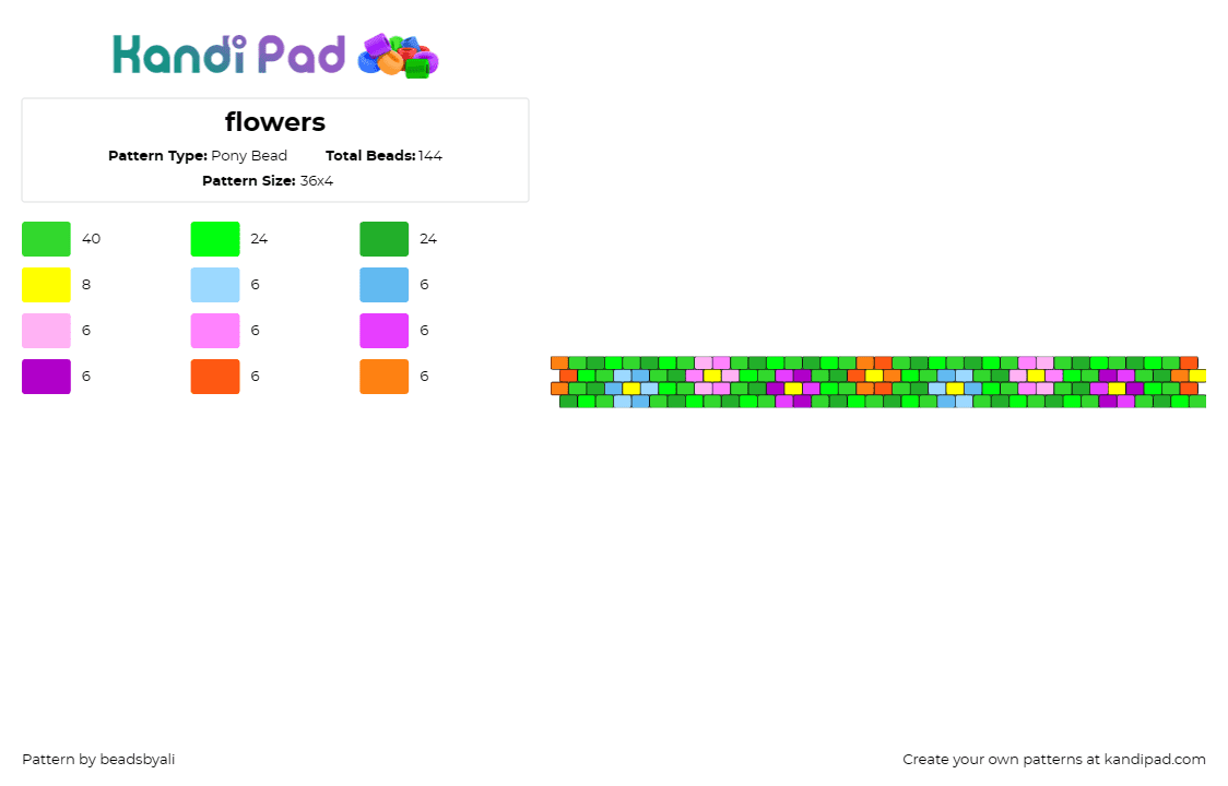 flowers - Pony Bead Pattern by beadsbyali on Kandi Pad - flowers,cuff,bracelet,colorful,blooms,joy,variety,blossoming,garden,green