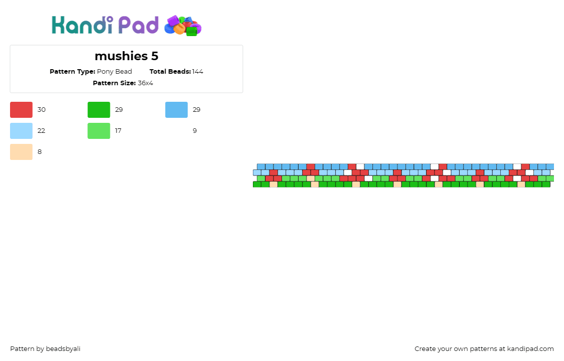 mushies 5 - Pony Bead Pattern by beadsbyali on Kandi Pad - mushrooms,cuff,tranquil,forest scene,nature-themed,fondness,red,lush greenery,bl