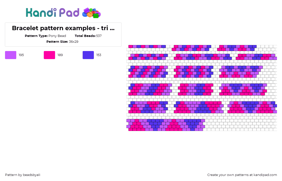 Bracelet pattern examples - tri colour - Pony Bead Pattern by beadsbyali on Kandi Pad - geometric,bracelets,tri-color,stylish,contemporary,fashion,pink,purple