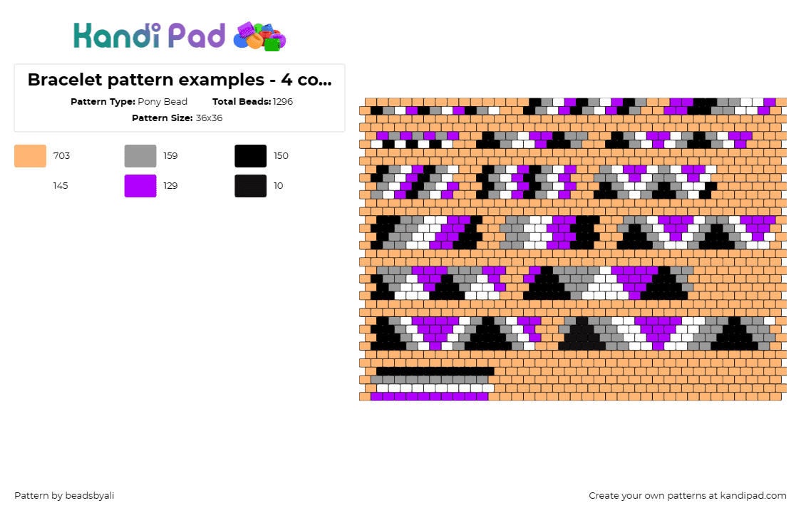 Bracelet pattern examples - 4 colour - Pony Bead Pattern by beadsbyali on Kandi Pad - geometric,bracelets,four-color,abstract,modern,stylish,patterned,triangles,purpl