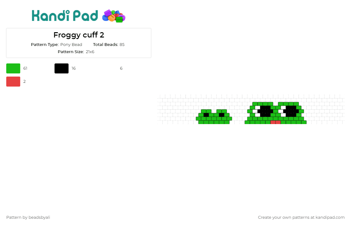Froggy cuff 2 - Pony Bead Pattern by beadsbyali on Kandi Pad - frogs,animal,cuff,charming,cute,playful,nature,fun,green,white