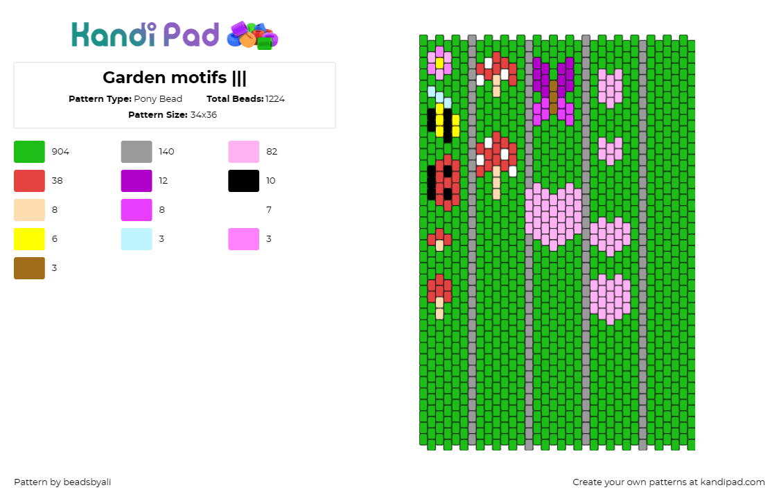 Garden motifs ||| - Pony Bead Pattern by beadsbyali on Kandi Pad - garden,mushrooms,flowers,ladybug,bee,nature,vibrant,blooming,green