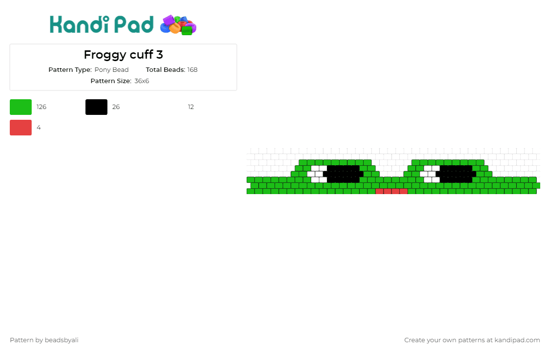 Froggy cuff 3 - Pony Bead Pattern by beadsbyali on Kandi Pad - frog,animal,cuff,adorable,bracelet,whimsy,lovers,green