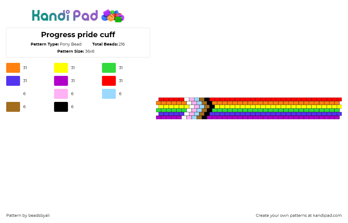 Progress pride cuff - Pony Bead Pattern by beadsbyali on Kandi Pad - pride,cuff,bracelet,diversity,lgbtq,symbol,progress,unity,vibrant,inclusive,rain