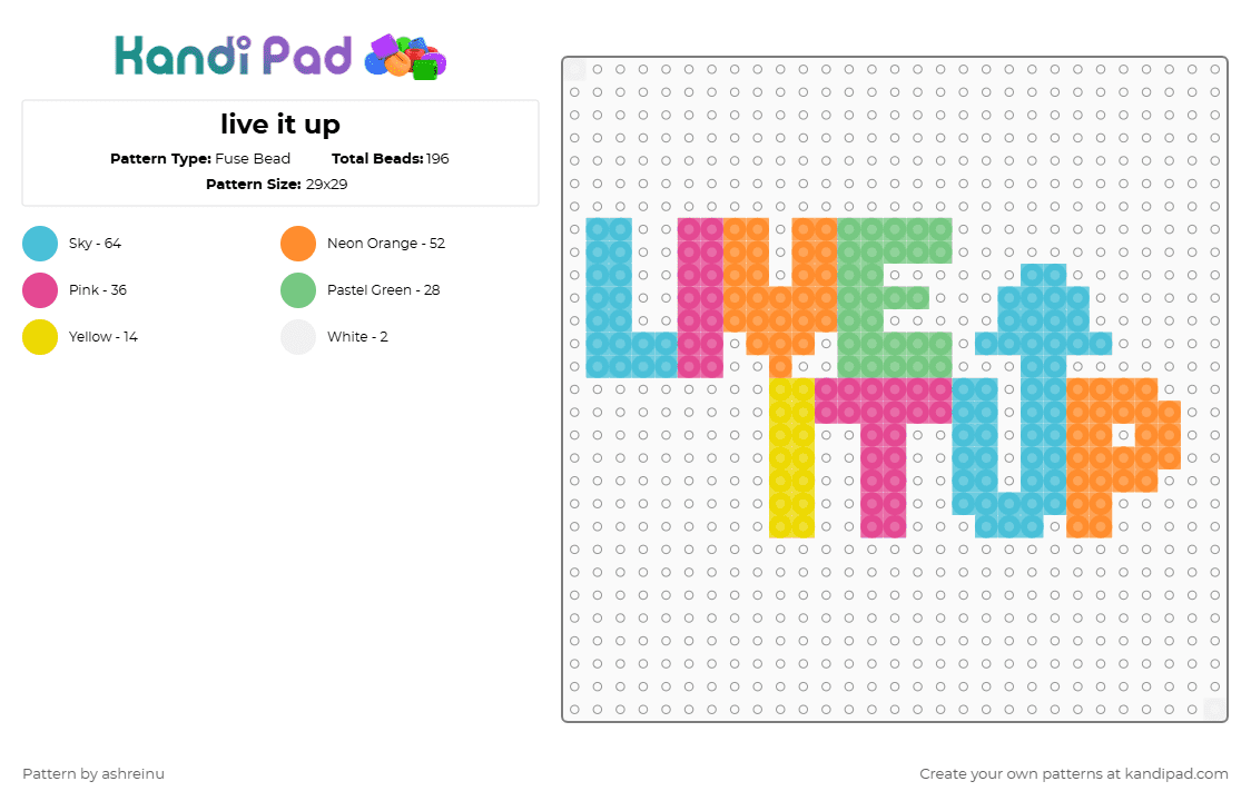 live it up - Fuse Bead Pattern by ashreinu on Kandi Pad - light blue,pink,orange