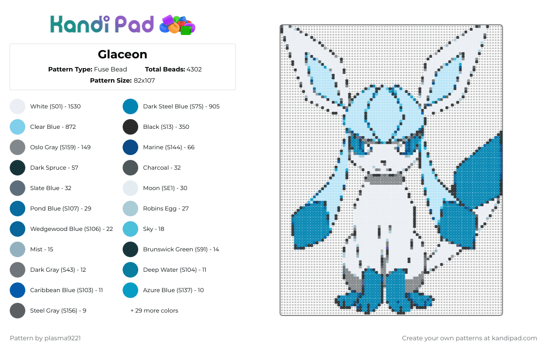Glaceon - Fuse Bead Pattern by plasma9221 on Kandi Pad - 