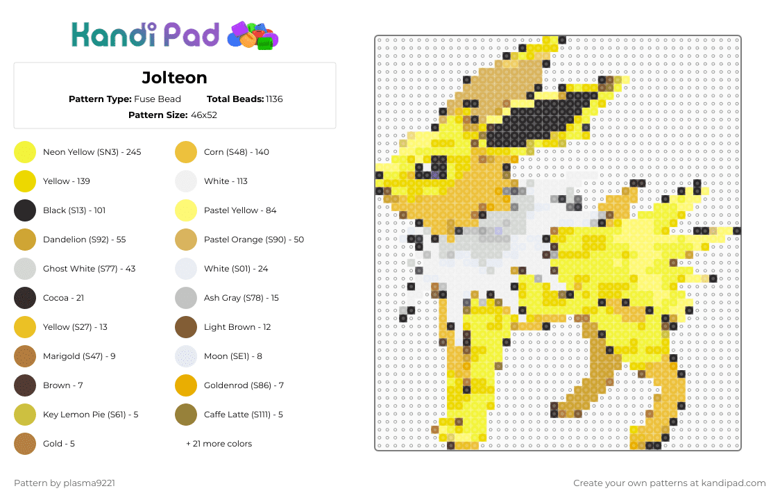 Jolteon - Fuse Bead Pattern by plasma9221 on Kandi Pad - yellow,orange