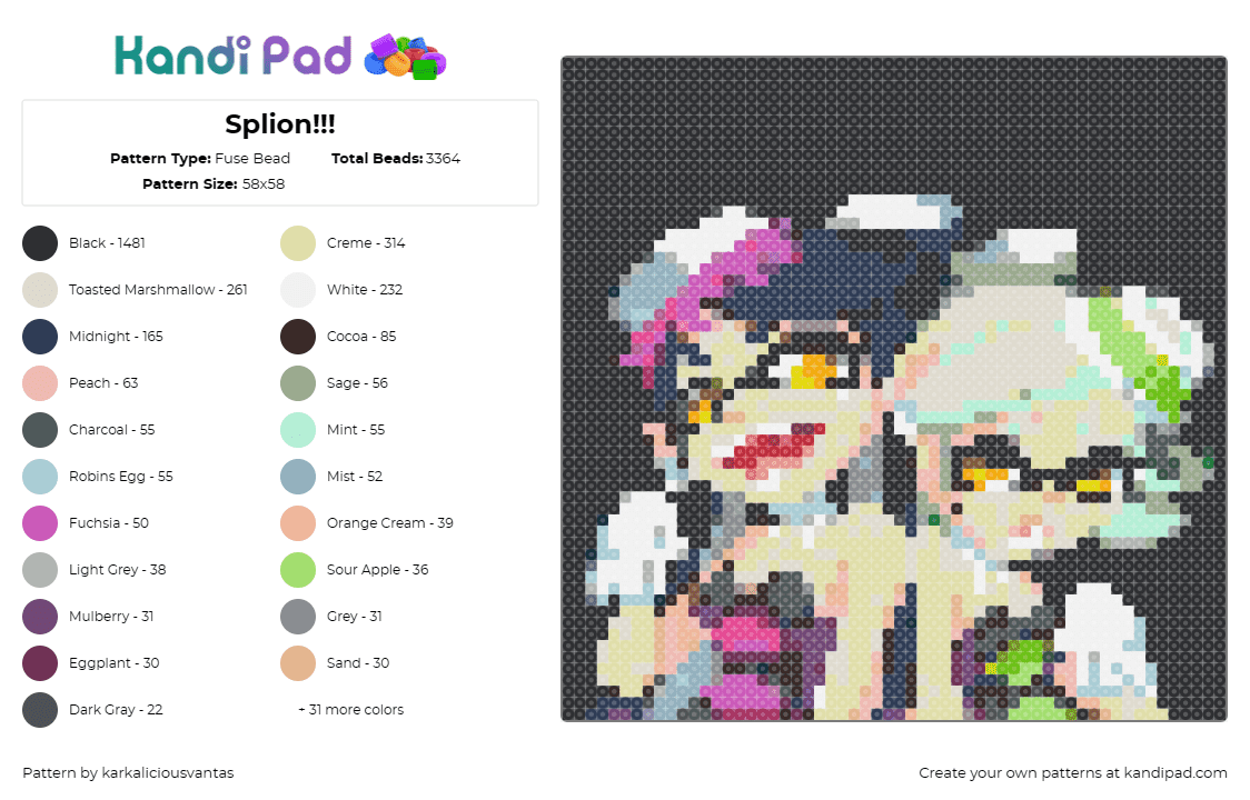 Splion!!! - Fuse Bead Pattern by karkaliciousvantas on Kandi Pad - splatoon,squid sisters,energetic,colorful,game,characters,vibrant,pink,green