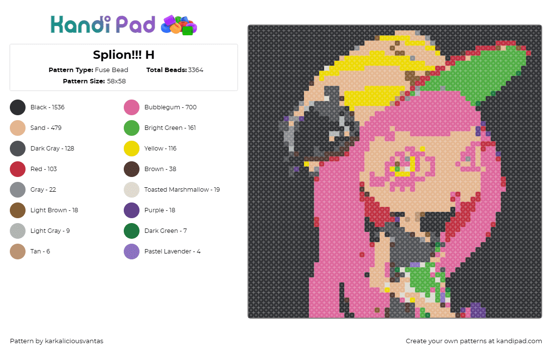 Splion!!! H - Fuse Bead Pattern by karkaliciousvantas on Kandi Pad - splatoon,harmony,character,vibrant,playful,lively,game,spirit,pink