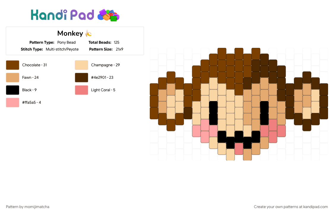 Monkey 🍌 - Pony Bead Pattern by momijimatcha on Kandi Pad - animal, ape, beige, brown, chimp