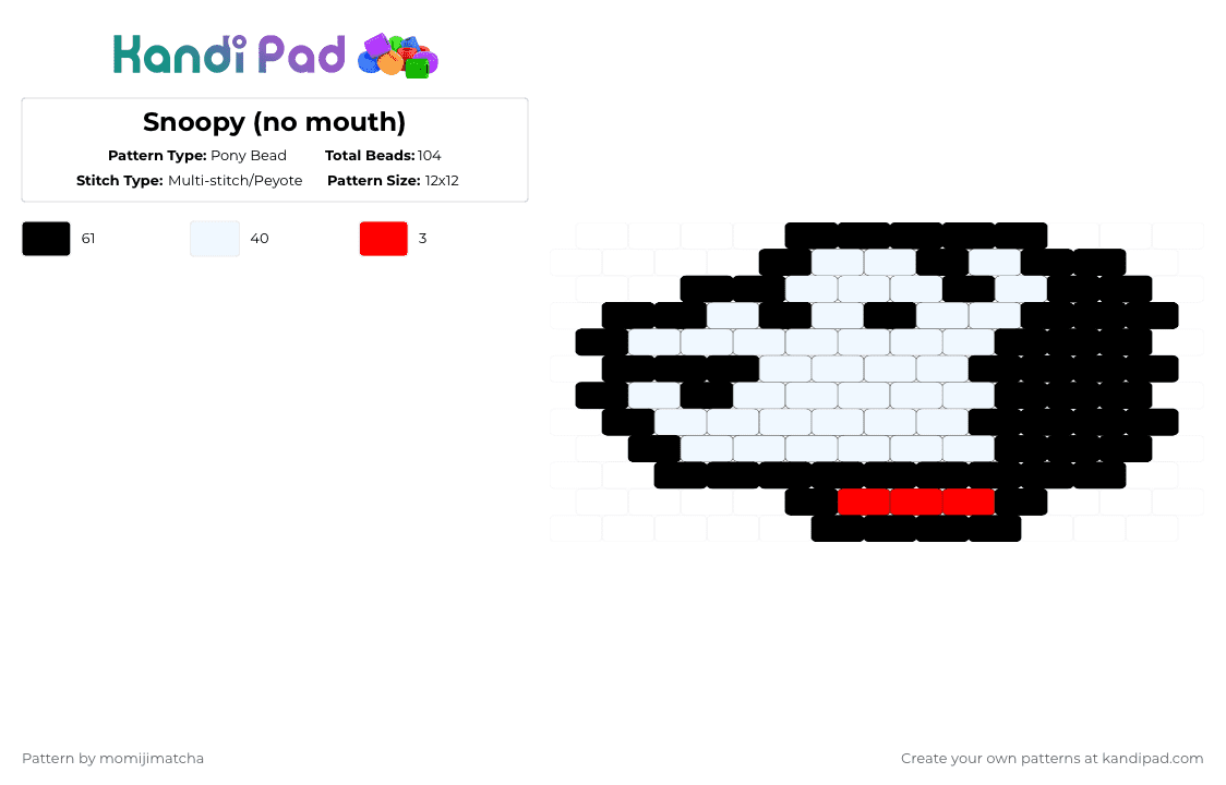 Snoopy (no mouth) - Pony Bead Pattern by momijimatcha on Kandi Pad - white,dog,character,animal
