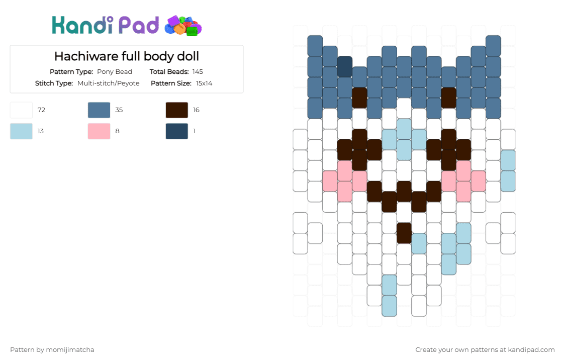Hachiware full body doll - Pony Bead Pattern by momijimatcha on Kandi Pad - white,blue,chiikawa,cat
