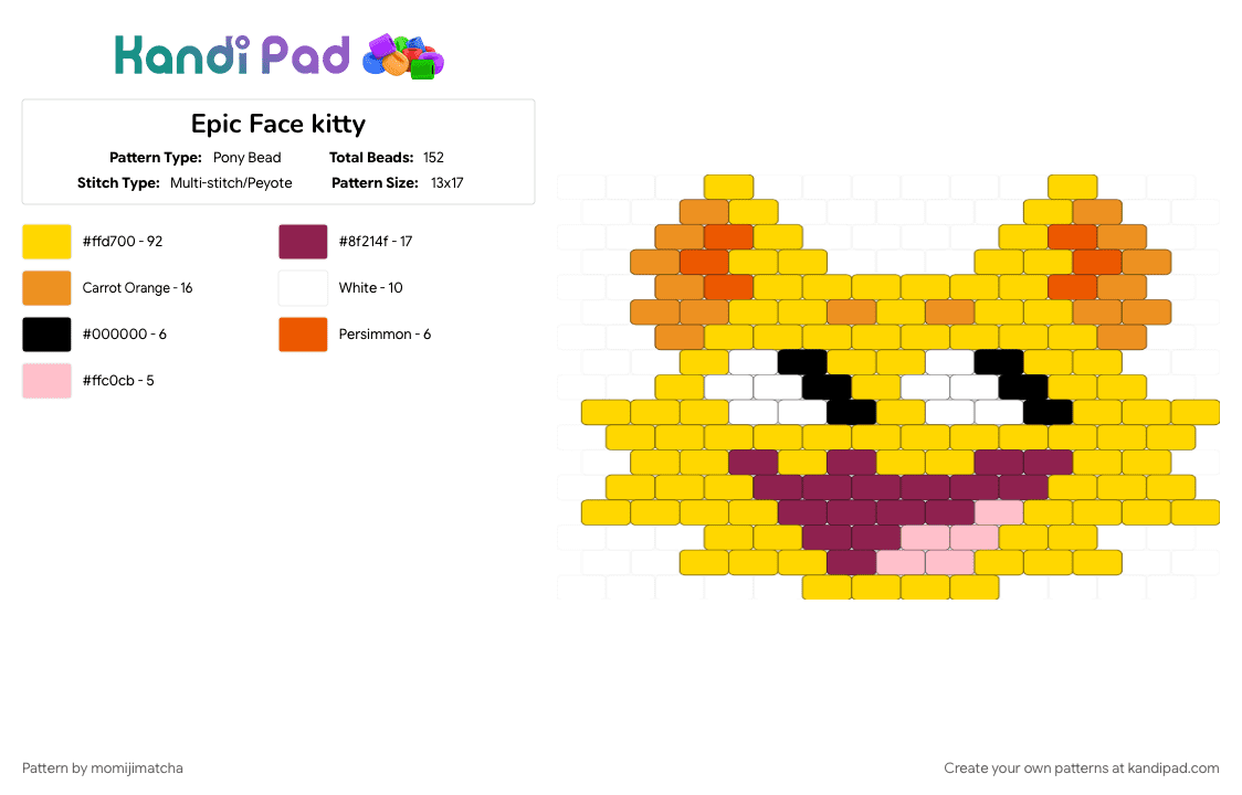 Epic Face kitty - Pony Bead Pattern by momijimatcha on Kandi Pad - cat, meme, y2k, yellow