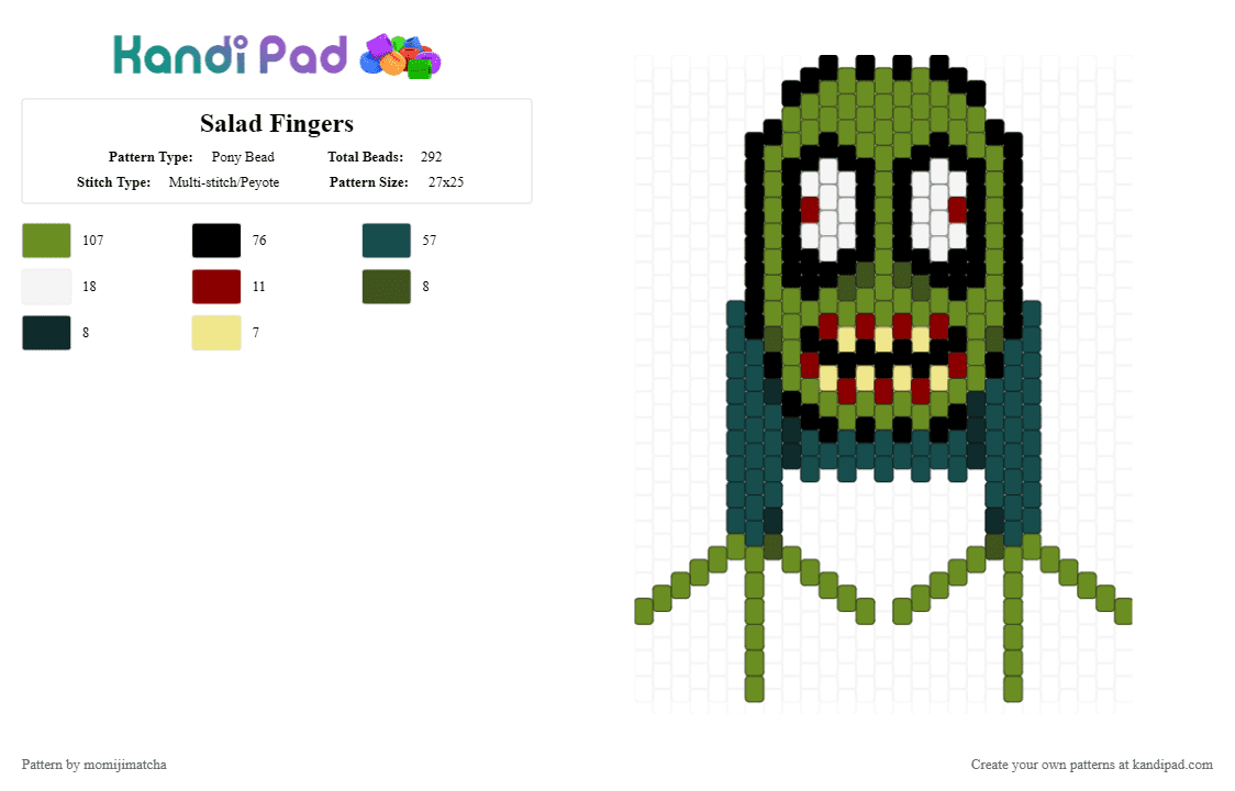 Salad Fingers - Pony Bead Pattern by momijimatcha on Kandi Pad - 2000s, black, creepy, david firth, green, youtube