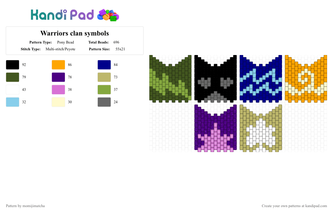 Warriors clan symbols - Pony Bead Pattern by momijimatcha on Kandi Pad - gold,purple,orange,beige,warrior cats,thunderclan,shadowclan,riverclan,windclan,skyclan,starclan