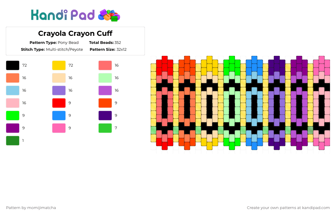 Crayola Crayon Cuff - Pony Bead Pattern by momijimatcha on Kandi Pad - red,yellow,pink,art,colors